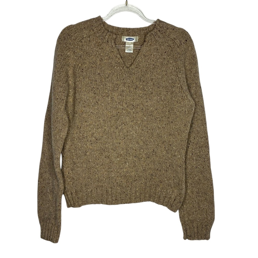 Old Navy Women Large‎ V Neck Knit Sweater Beige Tan Chunky Cozy Hygge Lambs Wool